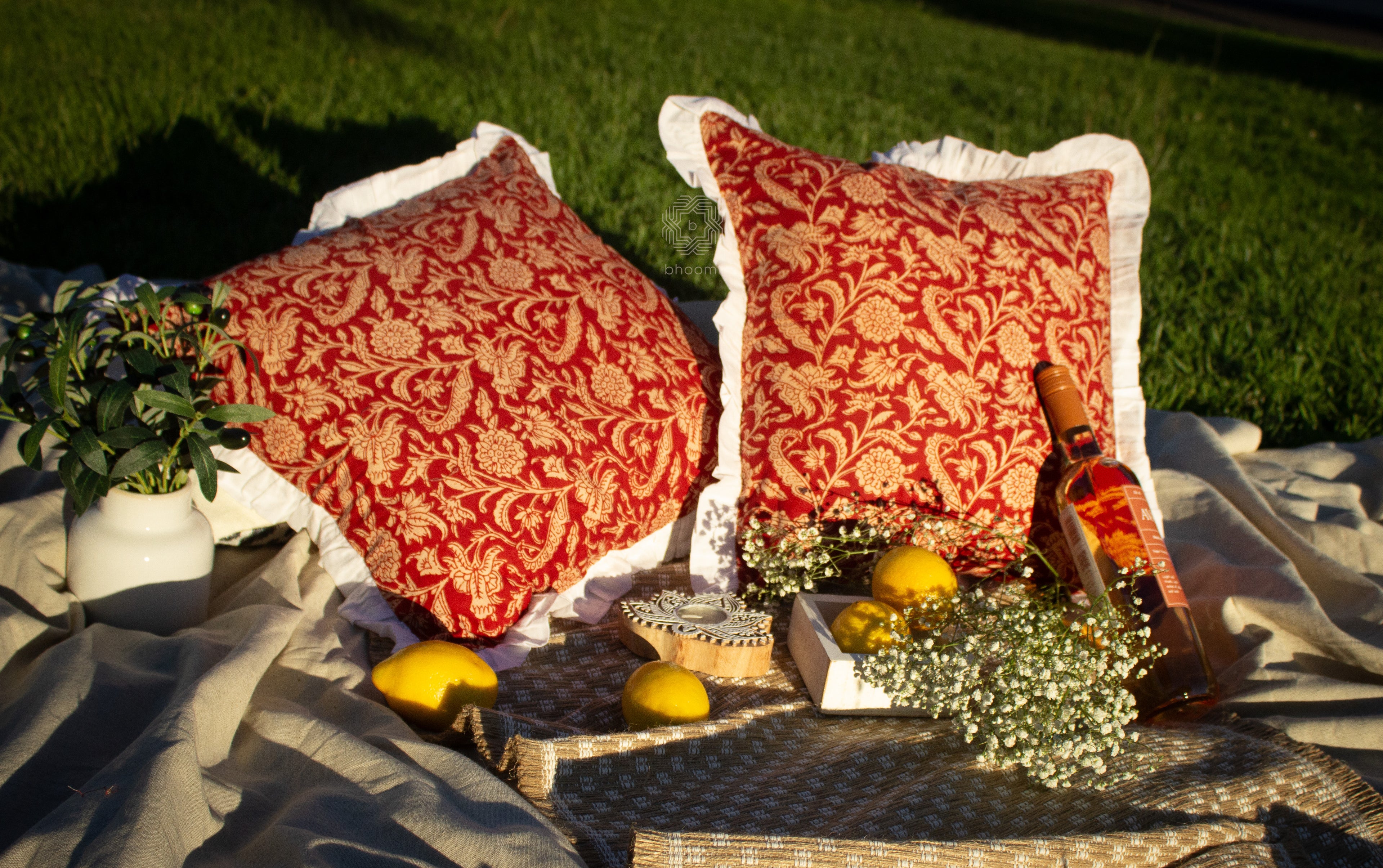 Crimson Vines with Handcrafted Ivory Ruffles