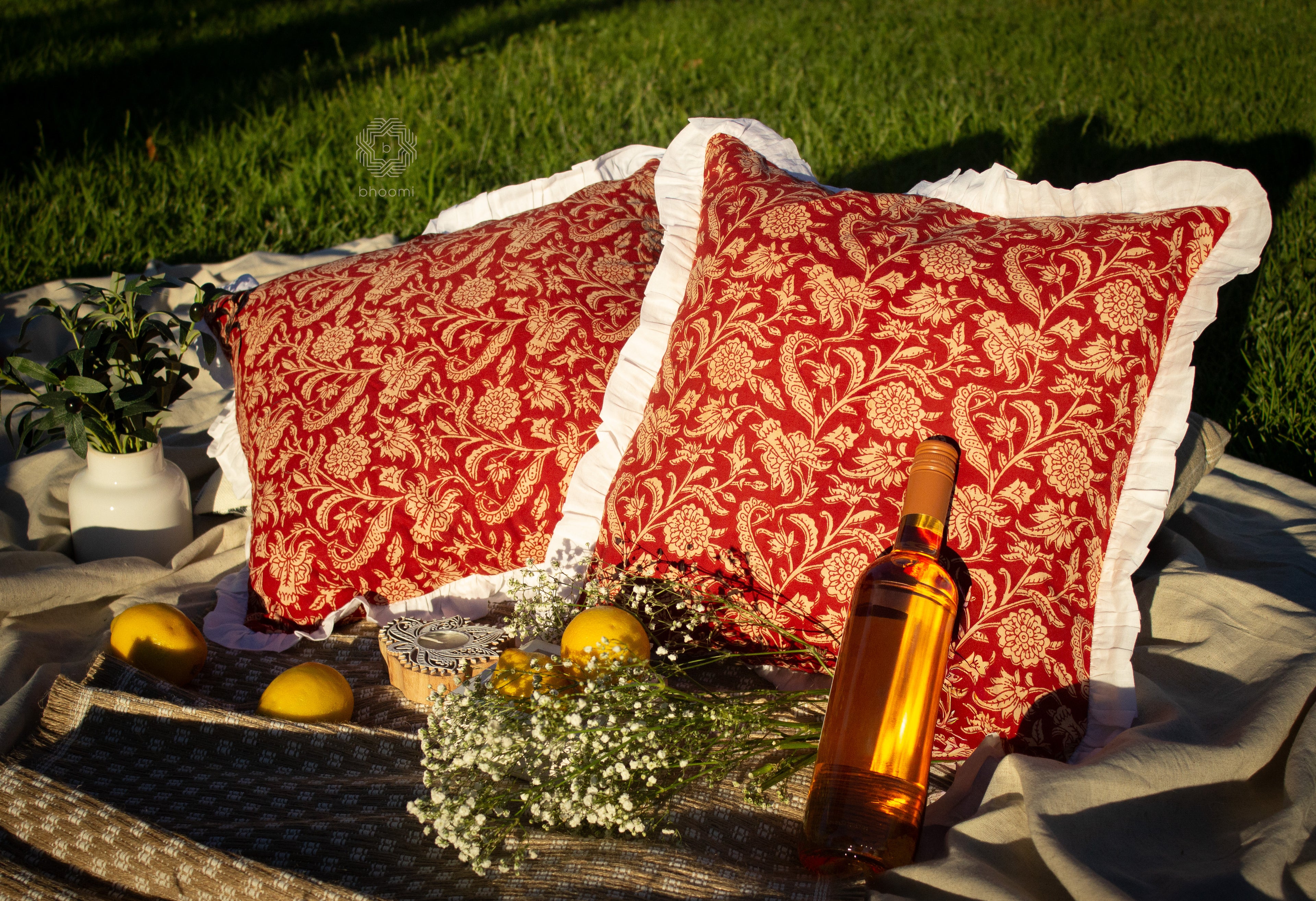 Crimson Vines with Handcrafted Ivory Ruffles